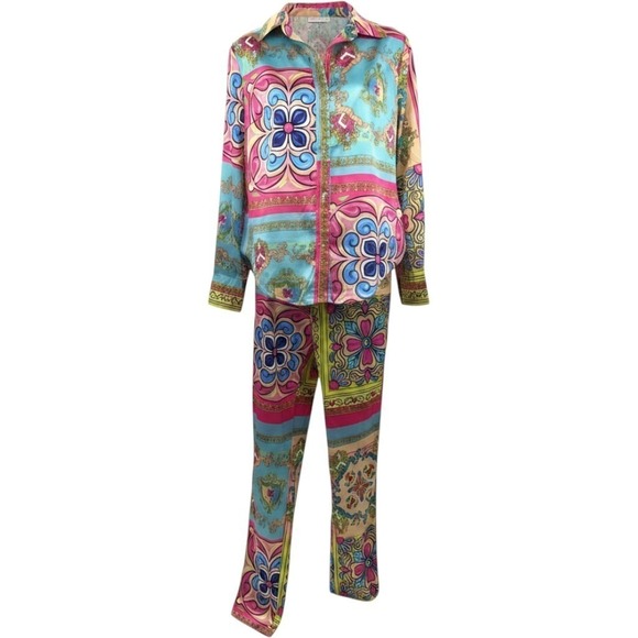 Banjul Pants - BanJul Women Multi-Color Baroque Floral Print 2-Piece Satin Lounge Set Size S